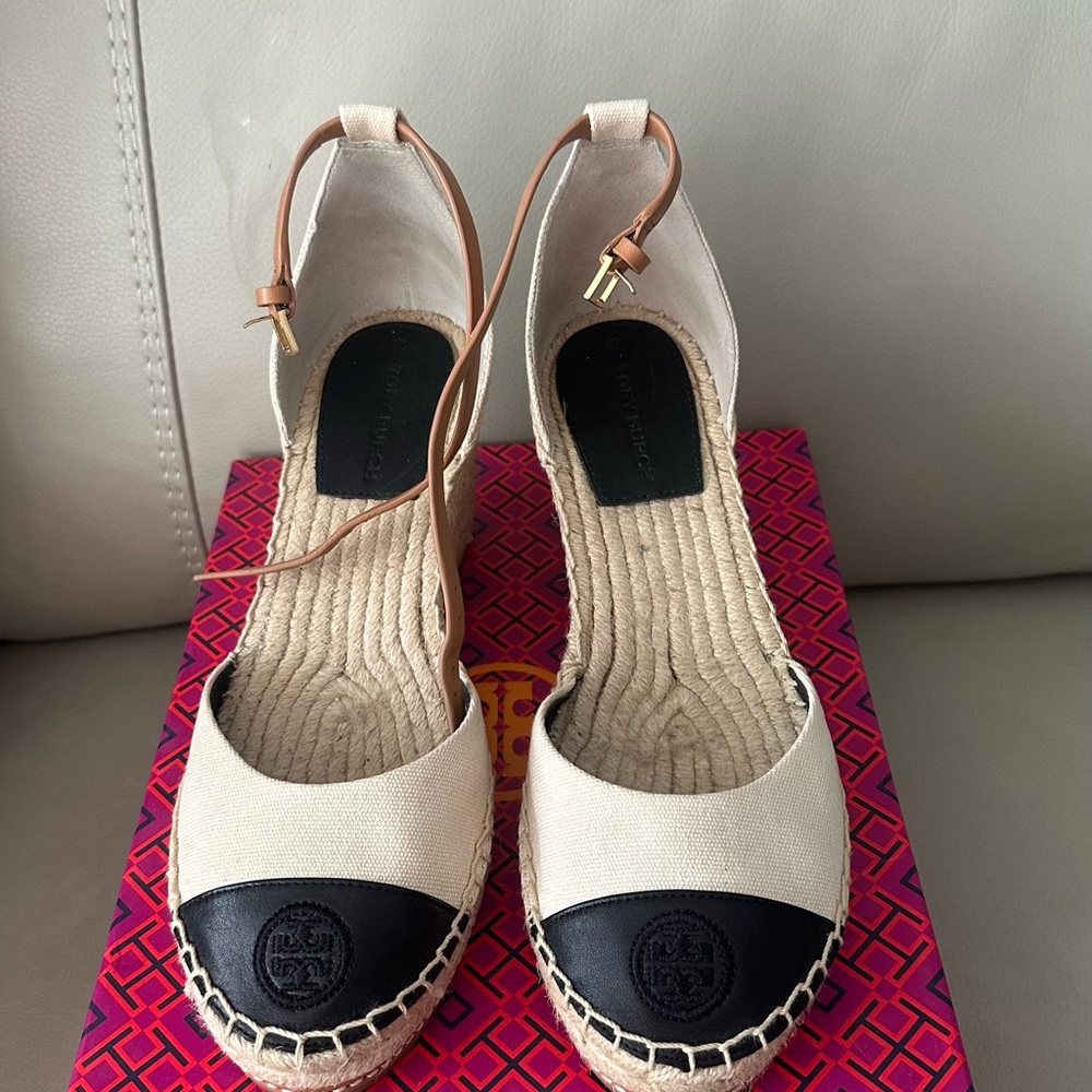 Tory Burch Black and Cream Espadrille Sandals